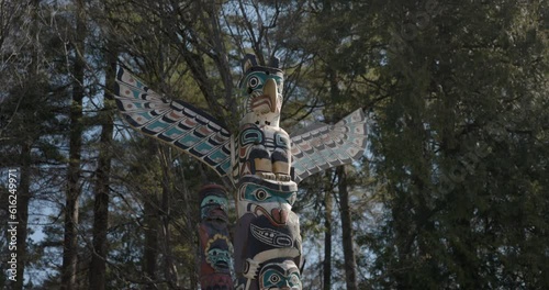 Vancouver, British Columbia Canada - April 12th 2023 - Totem poles in Stanley Park  Close up