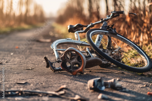 Bicycle crash road accident with broken bike and helmet.