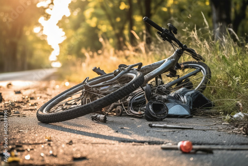 Bicycle crash road accident with broken bike and helmet.