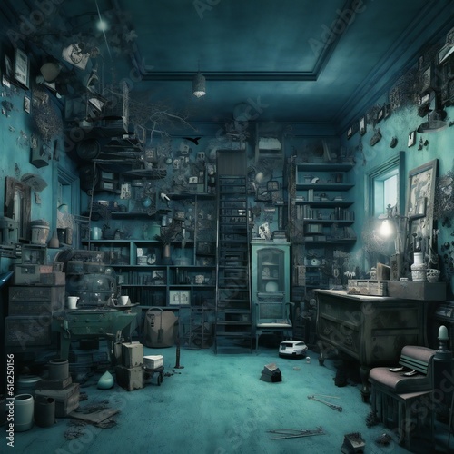 Crazy dreamful room from a dystopian world with vintage furniture and a colorful mindset with generative ai