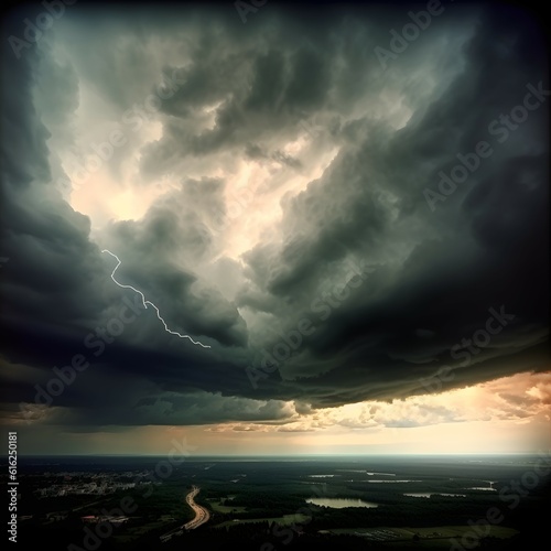 Dramatic scene of thunderstorm huge clouds illuminating the dark sky with generative ai