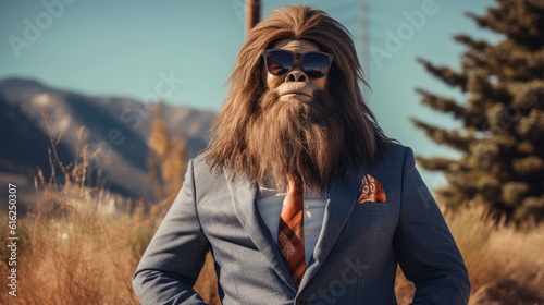 cool sasquatch wearing business suit and sunglasses portrait, created with Generative AI photo