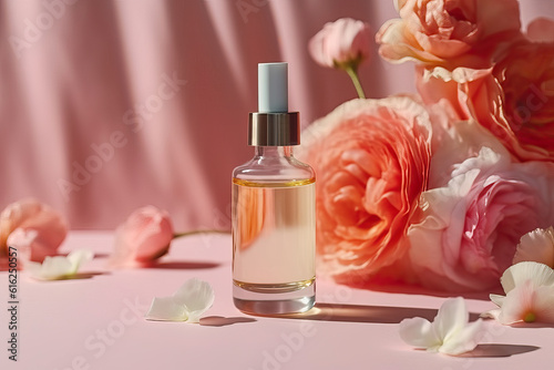 product photography illustration of a cosmetic beauty serum bottle mock up in a whimsical pastel setting with botanical elements - ai generative art
