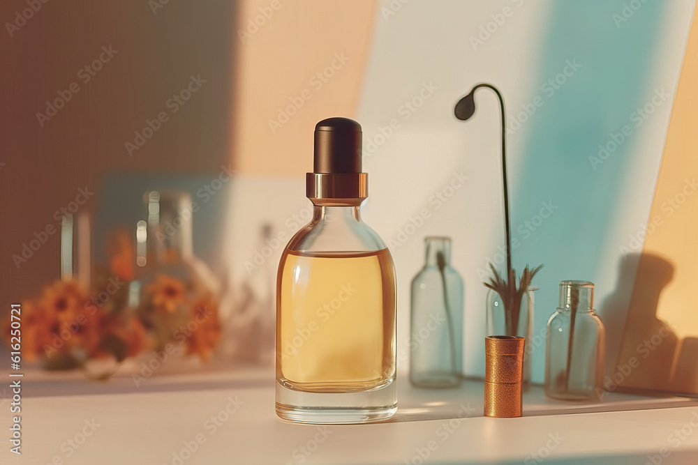 product photography illustration of a cosmetic beauty serum bottle mock up in a whimsical pastel setting with botanical elements - ai generative art product photography illustration of a cosmetic beauty serum bottle mock up in a whimsical pastel setting with botanical elements - ai generative art