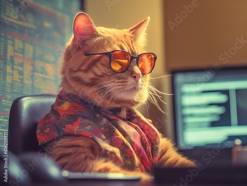 cool cat using computer for stock trading and wearing sunglasses portrait, created with Generative AI