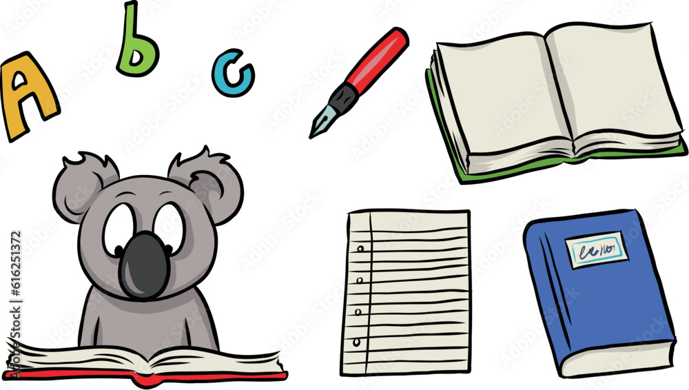Cartoon Illustration: Kleiner Koala als Schulkind liest ein Buch für Wissen und Bildung
