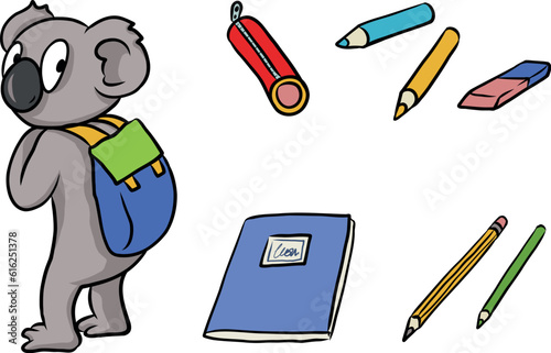 Cartoon Illustration: Kleiner Koala als Schulkind mit Rucksack, Stiften und Heft für Wissen und Bildung