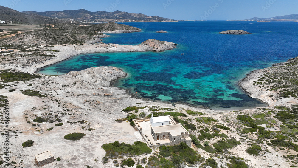Aerial drone photo of paradise secluded beaches in Nortern part of Antiparos island with crystal clear sea, Cyclades, Greece