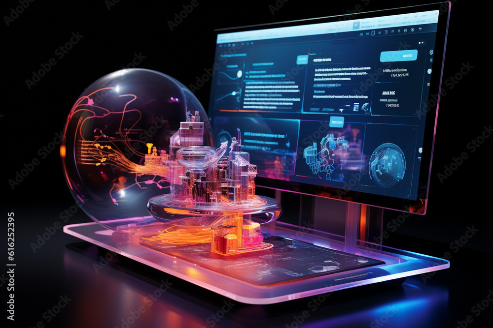 a holographic projection of a product, showcasing its features and specifications Generative AI a holographic projection of a product, showcasing its features and specifications Generative AI