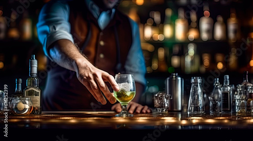 Close-up of hands of a bartender in a bar serving a spectacular and tasty cocktail.