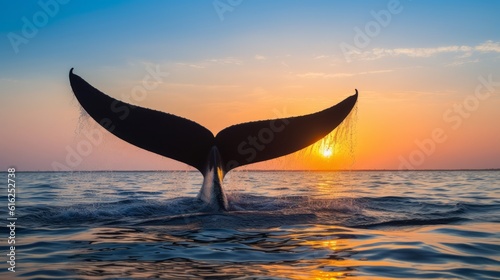 sunset in the ocean with a whale tail sticking out of the water