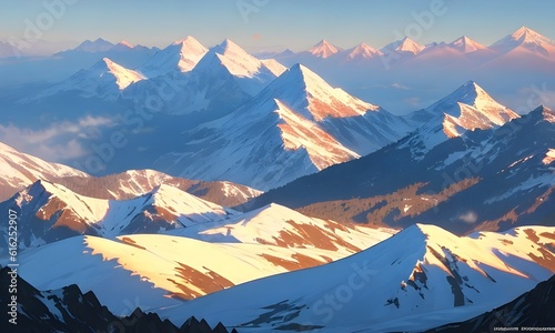 Beautiful! Mountain landscape. Beautiful snow-capped mountains, the sun behind the clouds, flying eagles, Generative AI, Generative, AI