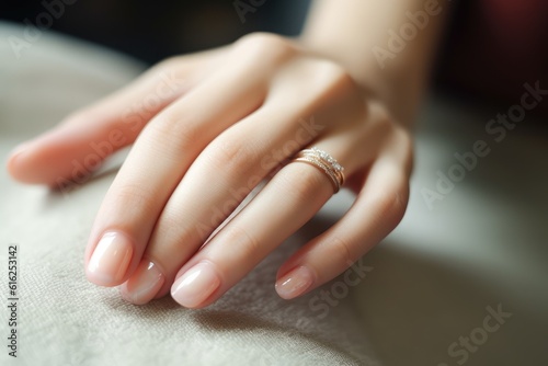 Closeup of woman hand with nude manicure. AI Generated