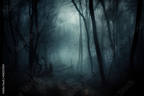 Forest creepy dark fog. Generate Ai