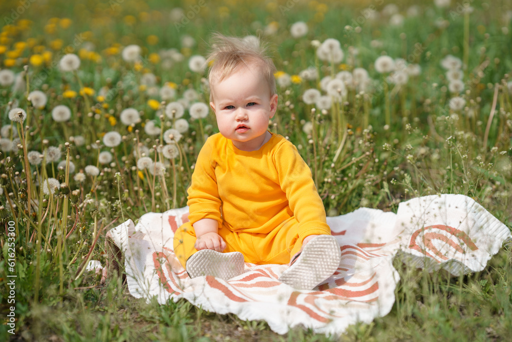 Caucasian cute baby toddler sitting on the grass in summer Caucasian cute baby toddler sitting on the grass in summer