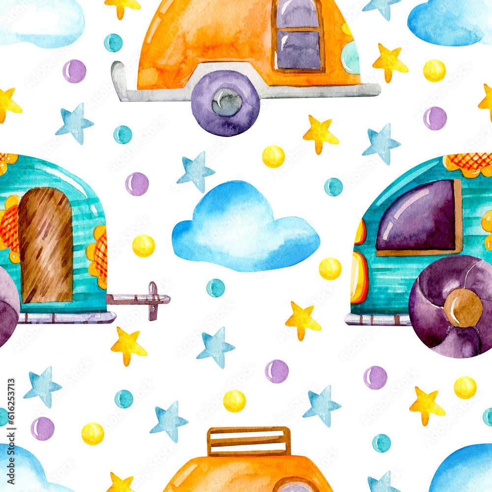 Obraz premium Seamless watercolor pattern. Hand drawn cute travel trailers, stars, clouds on a white background. Cartoon, children's theme.