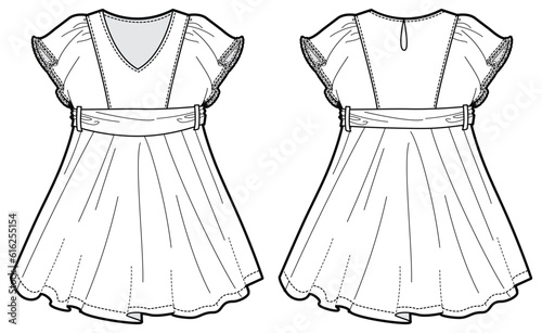Girls dress design with Frills flat sketch fashion illustration vector template with front and back view, Toddler baby girl frock dress