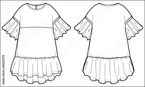Girls Volume A line dress design with Frills flat sketch fashion illustration vector template with front and back view, Toddler baby girl frock dress