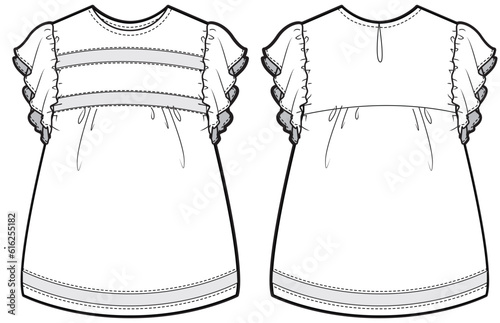 Girls Heirloom Dress design with Frills flat sketch fashion illustration vector template with front and back view, Toddler baby girl frock dress