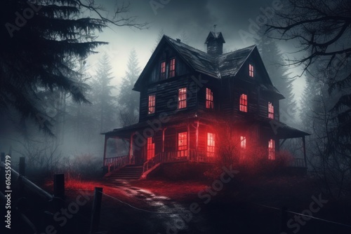 Eerie ambiance: A haunted house shrouded in darkness within the foreboding woods, evoking a chilling murder mystery. The red-glowing windows pierce the night Generative AI