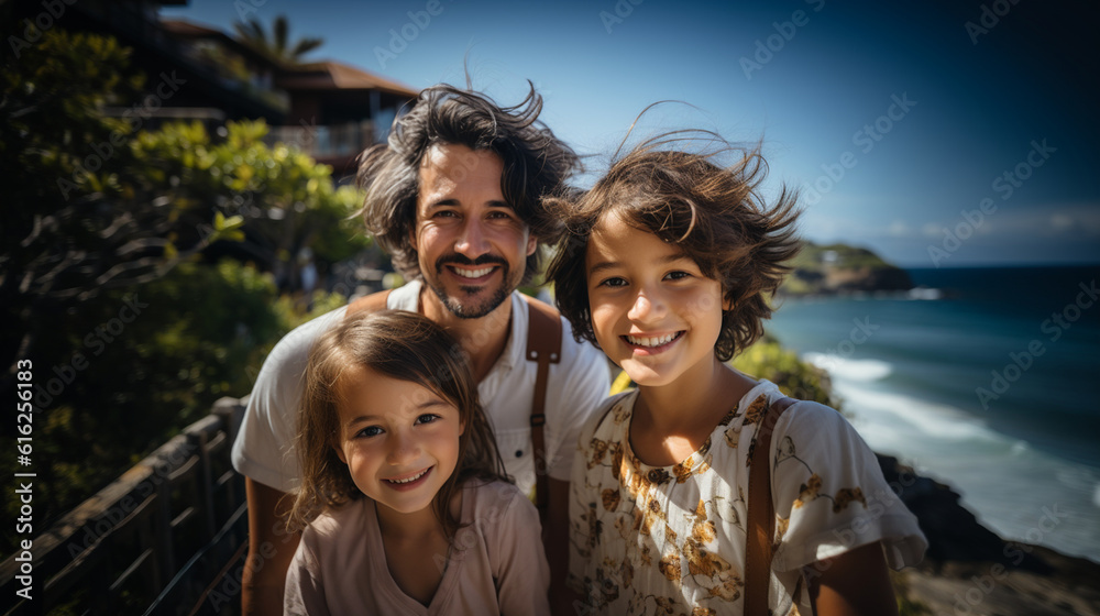 Smiling family enjoying a beach vacation, family vacation, summer, banner, natural light, affinity, bright background Generative AI
