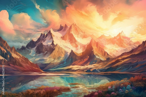 Mountains lake art sunset. Generate Ai