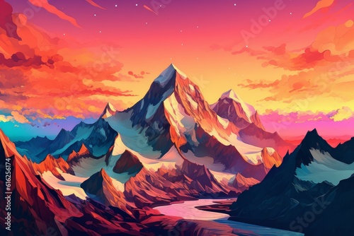 Mountains art sunset poster. Generate Ai