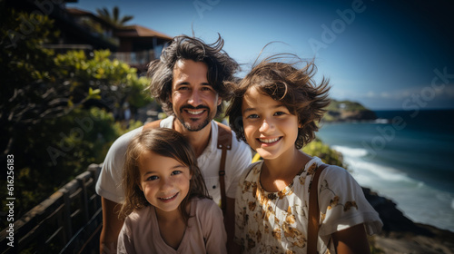 Smiling family enjoying a beach vacation, family vacation, summer, banner, natural light, affinity, bright background Generative AI © Катерина Євтехова