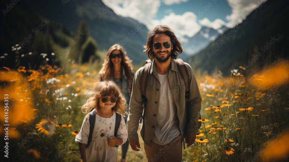 Happy family exploring a picturesque mountain landscape on their vacation, family vacation, summer, banner, natural light, affinity, bright background Generative AI