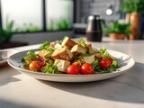Vegan tofu salad with green lettuce and tomatoes on a table in the kitchen. Ai generated