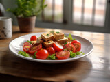 Vegan tofu salad with green lettuce and tomatoes on a table in the kitchen. Ai generated