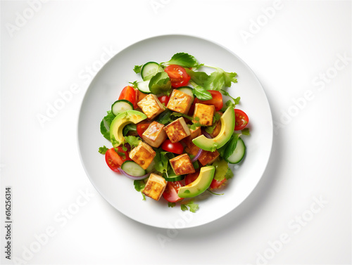 Valokuva Top view of a vegan tofu salad with vegetables on white plate