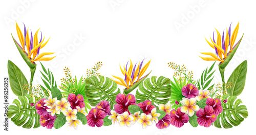 Watercolor painting with strelitzia, hibiscus rose flowers, frangipani and palm leaves. Design border element. Aloha Hawaii greeting.