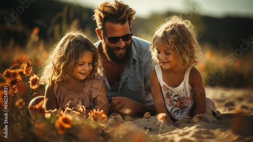 Loving family building sandcastles on a sunny beach during their summer vacation, family vacation, summer, banner, natural light, affinity, bright background Generative AI