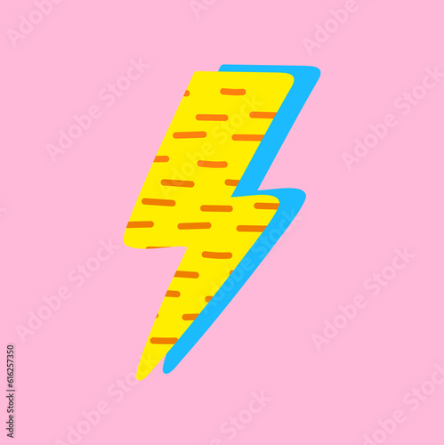 Colorful Vector Illustartion with Hand Drawn Infantile Style Thunderbolt. Doodle Style Yellow-Blue Lightning Isoalted on a Light Pink Background. Sisterhood Symbol. Vibrant RGB Colors. 