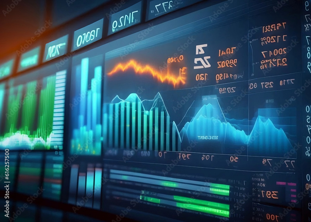 Forex chart with statistic data and market quotes on digital screen. Created with Generative AI technology