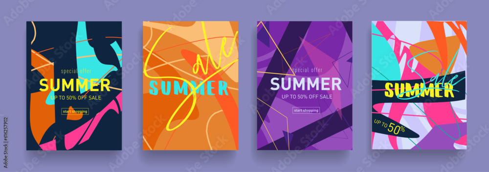 Trendy Summer Bright Set in the Black, Pink, Orange, Brown, Purple Colors. 3d Abstract Art  for Book, Cover, Poster, Banner. Geometric Patterns Price offer 50%. Vector Illustration