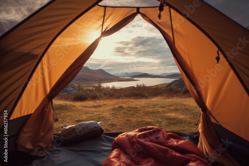Highland hideaway: Peering out from a tent at Scotland's scenic grandeur Generative AI