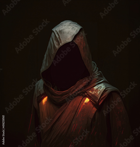 A medieval hooded person standing in a dark room. No face is seen