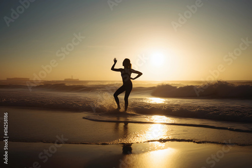 A serene yoga session at dawn by the beach, female silhouette in Warrior pose, waves gently crashing, sunlight peeking through her form, color palette muted yet vibrant, calm atmosphere.