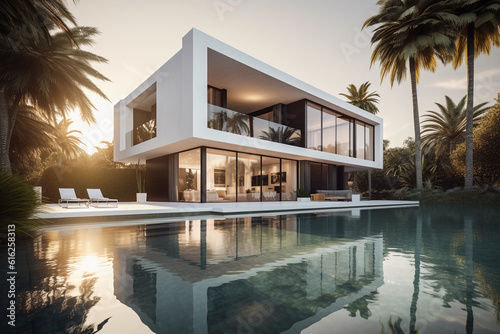 Highly detailed  photorealistic architectural images. Exterior shot of a modern luxury residential villa  gleaming white walls  infinity pool  surrounded by palm trees  reflecting golden sunset  Bauha