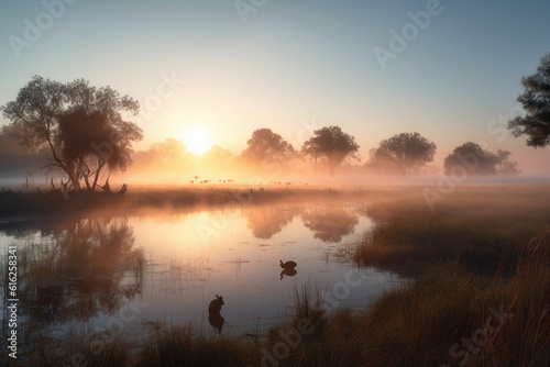 serene landscape during sunrise, pristine lake reflecting the vibrant hues of the morning sky,