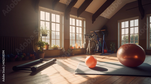 Hyper - realistic stock image, modern home gym setup, bright room with large windows, selection of fitness equipment: dumbbells, resistance bands, yoga mat, stability ball, emphasis on cleanliness and