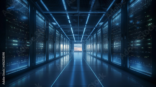 Hyper - realistic photograph, the interior of a modern data center, racks filled with glowing LED - lit servers, cool blue ambient lighting, floating particles, hints of fiber optic cables and intrica