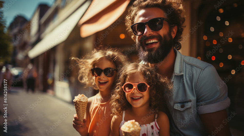 Joyful family indulging in delicious ice cream treats during their summer vacation, family vacation, summer, banner, natural light, affinity, bright background Generative AI