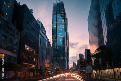 Photorealistic commercial property  towering glass skyscraper in a bustling cityscape  vibrant lights  traffic streaks  low - angle shot  twilight hour  reflections of the city on the building.