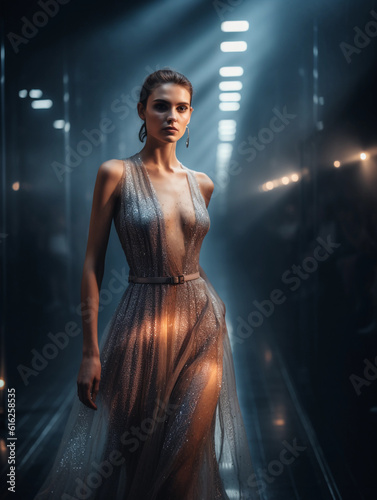 Photorealistic editorial shoot of a high fashion model strutting down the runway during Paris Fashion Week, couture dress flowing behind her, ethereal makeup reflecting the runway lights, 85mm lens, f