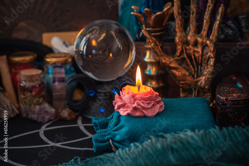 Mystical atmosphere, view of tarot card on the table, esoteric concept, fortune telling and predictions