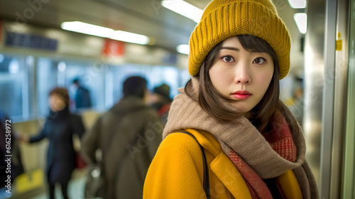portrait of young asian woman in the underground, made with Generative AI