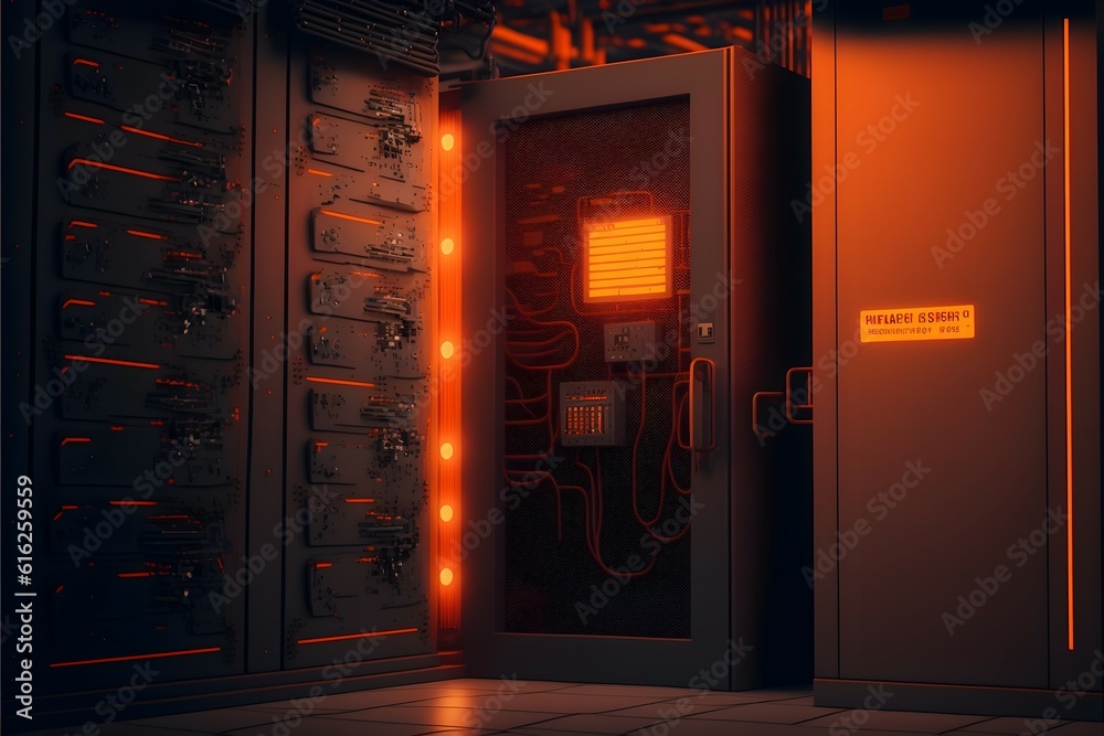 orange Server Room. Realistic, highly detailed, rendered octane, Maxon